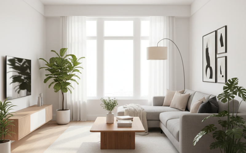 Modern Living Room Design  Bright Interiors with Wooden Textures & Natural Light